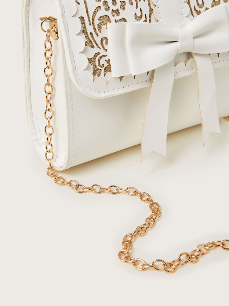 Monsoon White Glitter Cutwork Floral Bow Bag - Image 3 of 4