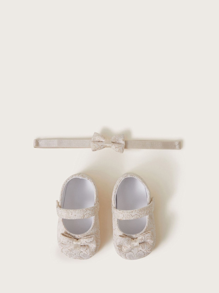 Monsoon Gold Baby Bow Jacquard Booties and Headband Set - Image 1 of 3