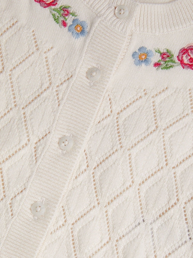 Monsoon Natural Baby Floral Pointelle Knit 100% Cotton Cardigan - Image 1 of 3
