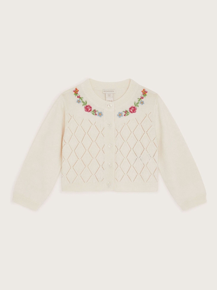 Monsoon Natural Baby Floral Pointelle Knit 100% Cotton Cardigan - Image 3 of 3