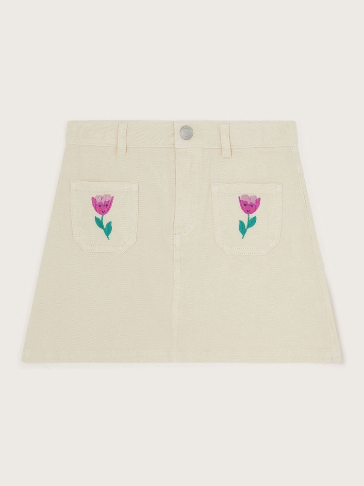 Monsoon Cream Tulip Embroidered Denim 100% Cotton Skirt - Image 1 of 3