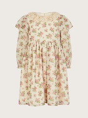 Monsoon Natural Long Sleeve Floral Sparkle Dress - Image 1 of 3