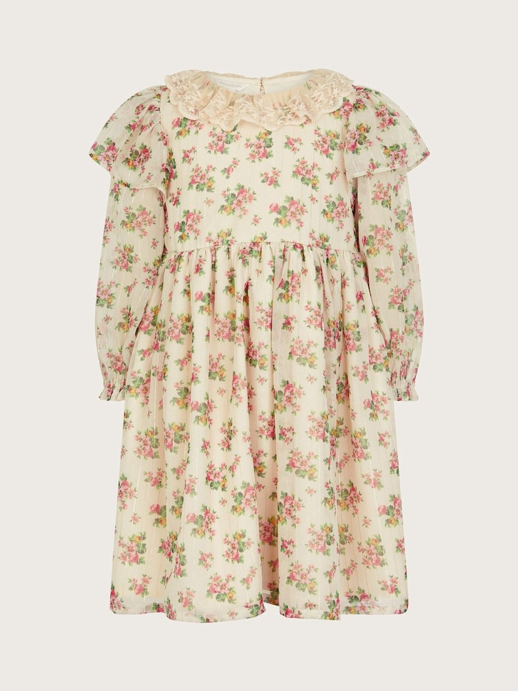 Monsoon Natural Long Sleeve Floral Sparkle Dress - Image 1 of 3