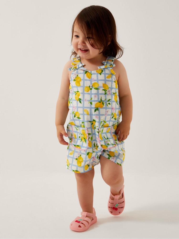 Monsoon Blue Baby Lemon Tile Print 100% Cotton Romper - Image 1 of 4