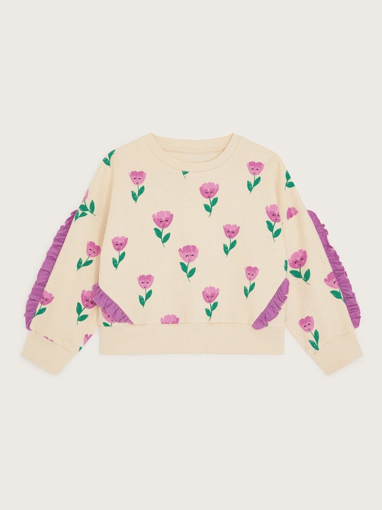 Monsoon Pink Tulip Print Frilly 100% Cotton Sweatshirt - Image 1 of 3