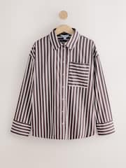 Chocolate Brown Stripe Oversized Long Sleeve Boyfriend Shirt - Image 1 of 4