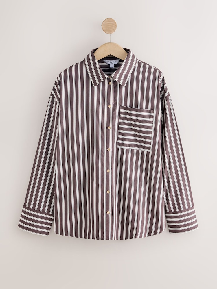 Chocolate Brown Stripe Oversized Long Sleeve Boyfriend Shirt - Image 1 of 4 Chocolate Brown Stripe Oversized Long Sleeve Boyfriend Shirt - Image 1 of 4