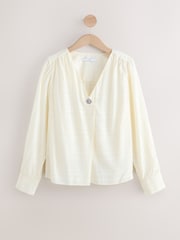Ecru Check Satin Jacquard Long Sleeve V-Neck Blouse - Image 4 of 7