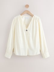 Ecru Check Satin Jacquard Long Sleeve V-Neck Blouse - Image 7 of 7