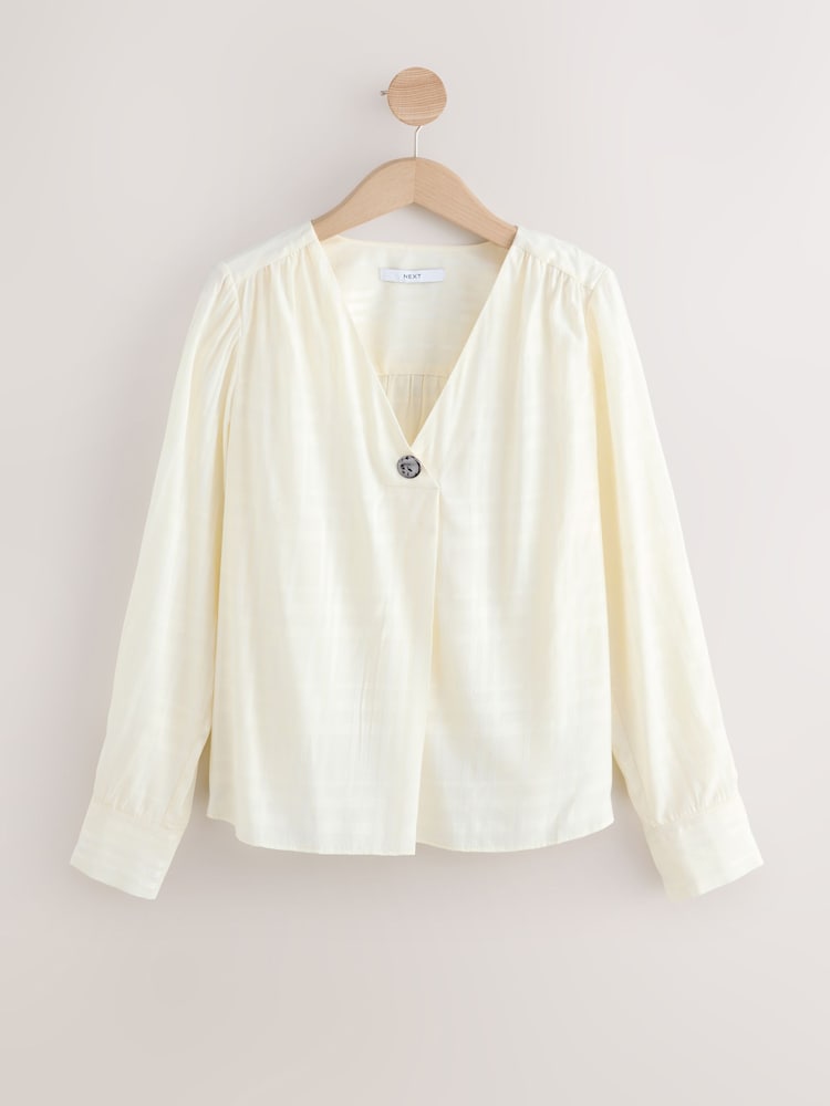 Ecru Check Satin Jacquard Long Sleeve V-Neck Blouse - Image 7 of 7