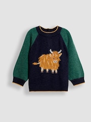 JoJo Maman Bébé Navy Blue Highland Cow Raglan Character Jumper - Image 1 of 3