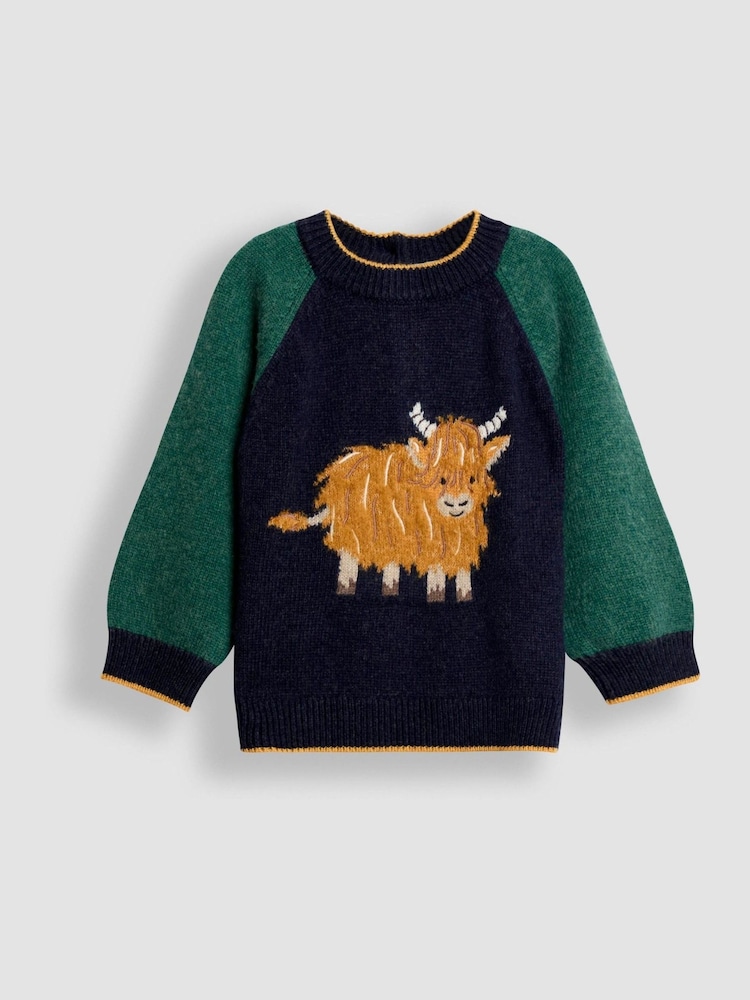 JoJo Maman Bébé Navy Blue Highland Cow Raglan Character Jumper - Image 1 of 3