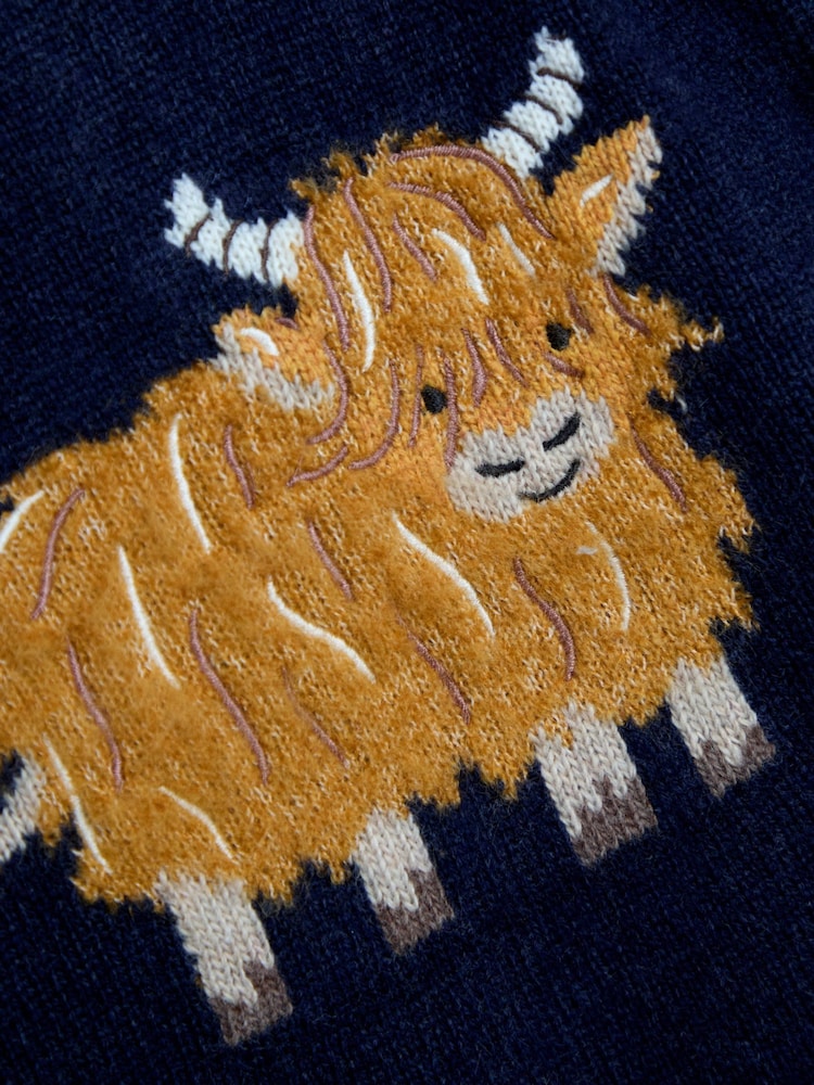 JoJo Maman Bébé Navy Blue Highland Cow Raglan Character Jumper - Image 3 of 3 JoJo Maman Bébé Navy Blue Highland Cow Raglan Character Jumper - Image 3 of 3