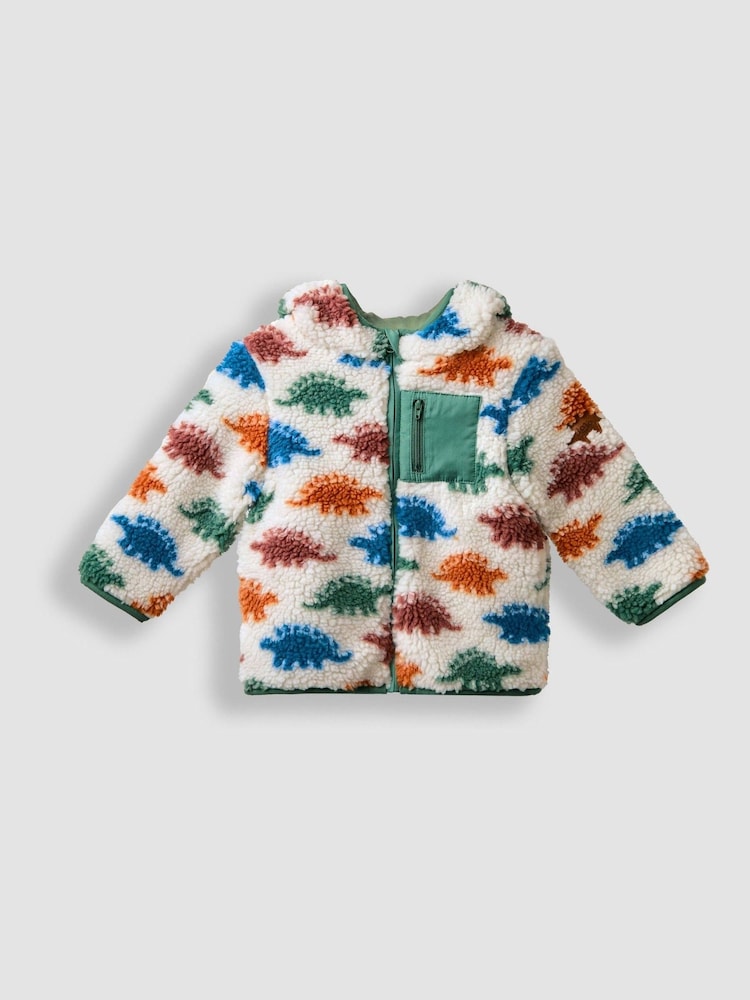JoJo Maman Bébé Natural Stegosaurus Dino Checkerboard Hooded Borg Jacket - Image 1 of 6 JoJo Maman Bébé Natural Stegosaurus Dino Checkerboard Hooded Borg Jacket - Image 1 of 6