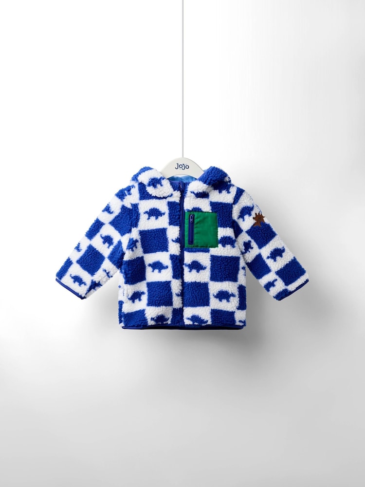 JoJo Maman Bébé Blue Dino Checkerboard Hooded Borg Jacket - Image 1 of 5 JoJo Maman Bébé Blue Dino Checkerboard Hooded Borg Jacket - Image 1 of 5