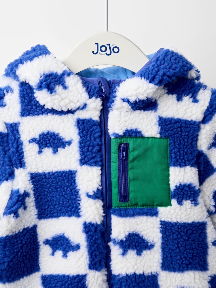 JoJo Maman Bébé Blue Dino Checkerboard Hooded Borg Jacket - Image 2 of 5 JoJo Maman Bébé Blue Dino Checkerboard Hooded Borg Jacket - Image 2 of 5