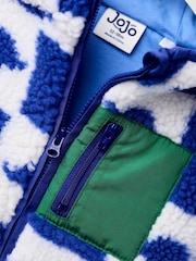 JoJo Maman Bébé Blue Dino Checkerboard Hooded Borg Jacket - Image 5 of 5