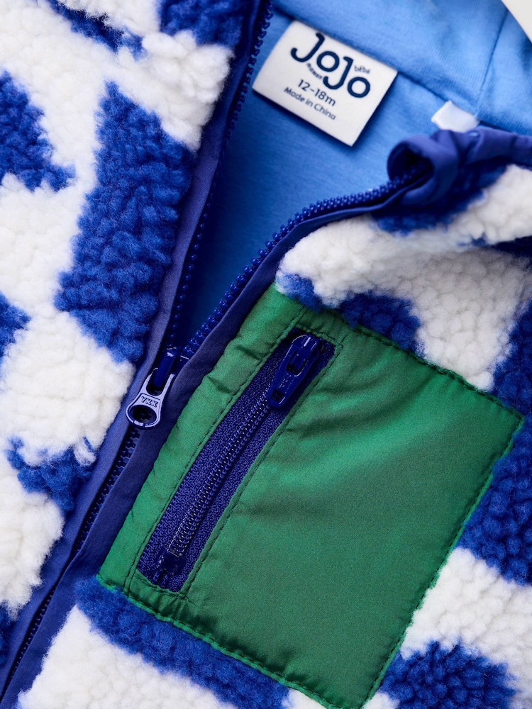 JoJo Maman Bébé Blue Dino Checkerboard Hooded Borg Jacket - Image 5 of 5 JoJo Maman Bébé Blue Dino Checkerboard Hooded Borg Jacket - Image 5 of 5
