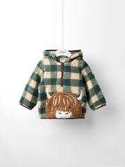JoJo Maman Bébé Green Highland Cow Appliqué Half Zip Borg Jacket - Image 1 of 6
