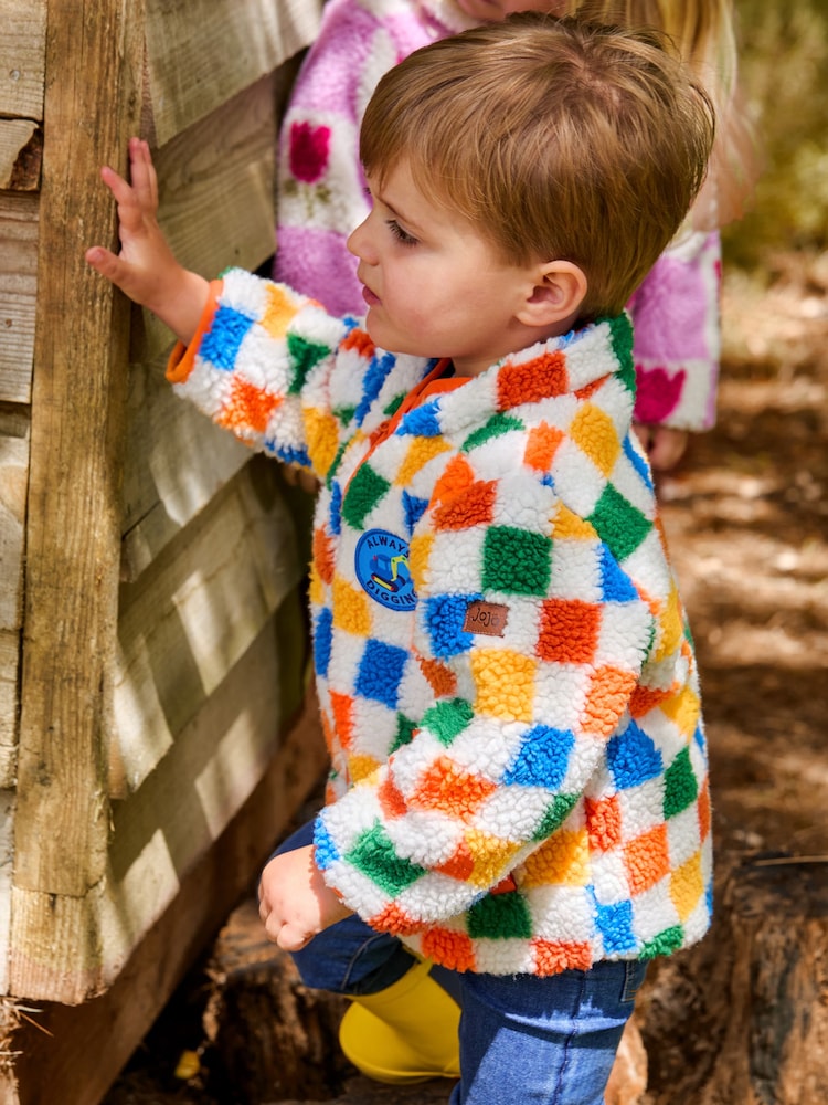 JoJo Maman Bébé Orange Bright Checkerboard Borg Jacket - Image 1 of 10 JoJo Maman Bébé Orange Bright Checkerboard Borg Jacket - Image 1 of 10