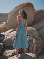 Azul medio - 100% Cotton Striped Denim Strappy Midi Dress - Imagen 2 de 7