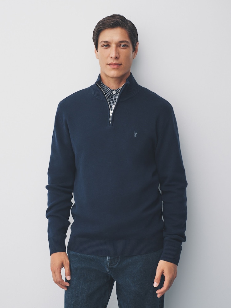 Navy Blue Stag Logo Regular Fit Premium Quarter Zip Jumper - Image 1 of 4 Navy Blue Stag Logo Regular Fit Premium Quarter Zip Jumper - Image 1 of 4