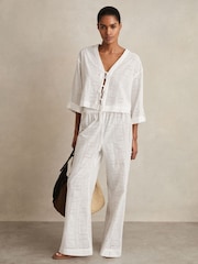 Reiss White Nadia Cotton Broderie Tie-Front Top - Image 1 of 6