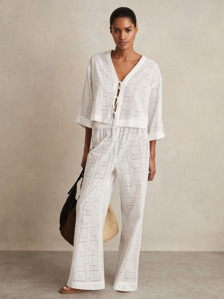 Reiss White Nadia Cotton Broderie Tie-Front Top - Image 1 of 6