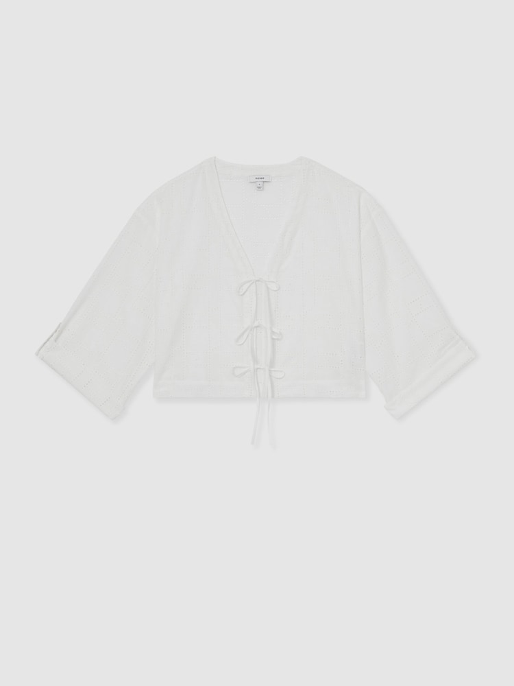 Reiss White Nadia Cotton Broderie Tie-Front Top - Image 2 of 6