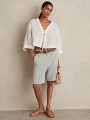Reiss White Nadia Cotton Broderie Tie-Front Top - Image 5 of 6