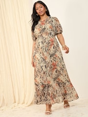 Friends Like These Brown Animal Curve Chiffon Ruched Sleeve Frill Hem Maxi Dress - Image 1 of 4