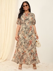 Friends Like These Brown Animal Curve Chiffon Ruched Sleeve Frill Hem Maxi Dress - Image 3 of 4
