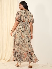 Friends Like These Brown Animal Curve Chiffon Ruched Sleeve Frill Hem Maxi Dress - Image 4 of 4