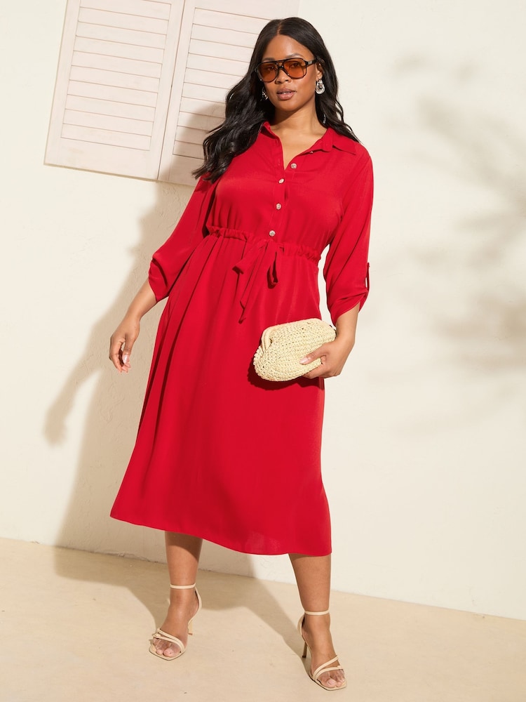Friends Like These Red Curve Long Sleeve Button Through Midi Shirt Dress - Image 1 of 4 Friends Like These Red Curve Long Sleeve Button Through Midi Shirt Dress - Image 1 of 4