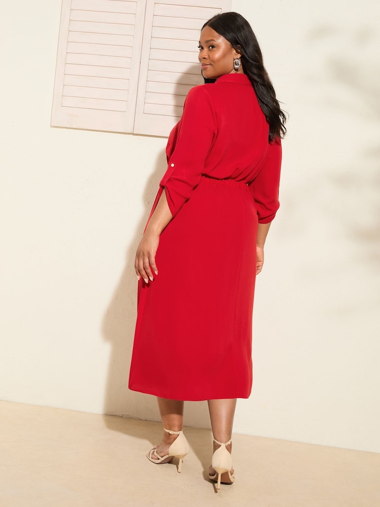Friends Like These Red Curve Long Sleeve Button Through Midi Shirt Dress - Image 4 of 4 Friends Like These Red Curve Long Sleeve Button Through Midi Shirt Dress - Image 4 of 4