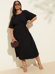 Preto - Friends Like These Vestido Midi com Puff sleeve Raglan e Tie Waist e Belt - Imagem 1 de 4