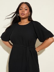 Preto - Friends Like These Vestido Midi com Puff sleeve Raglan e Tie Waist e Belt - Imagem 2 de 4