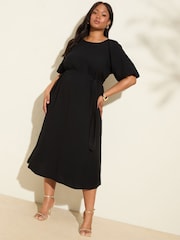 Preto - Friends Like These Vestido Midi com Puff sleeve Raglan e Tie Waist e Belt - Imagem 3 de 4