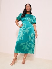 Friends Like These Green Floral Curve Print Satin Puff Sleeve Scoop Neck Midi Dress - Image 1 of 4