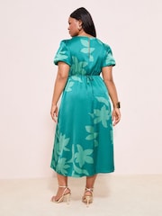 Friends Like These Green Floral Curve Print Satin Puff Sleeve Scoop Neck Midi Dress - Image 2 of 4