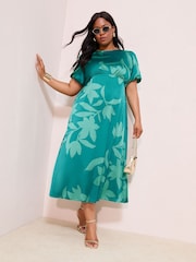 Friends Like These Green Floral Curve Print Satin Puff Sleeve Scoop Neck Midi Dress - Image 3 of 4