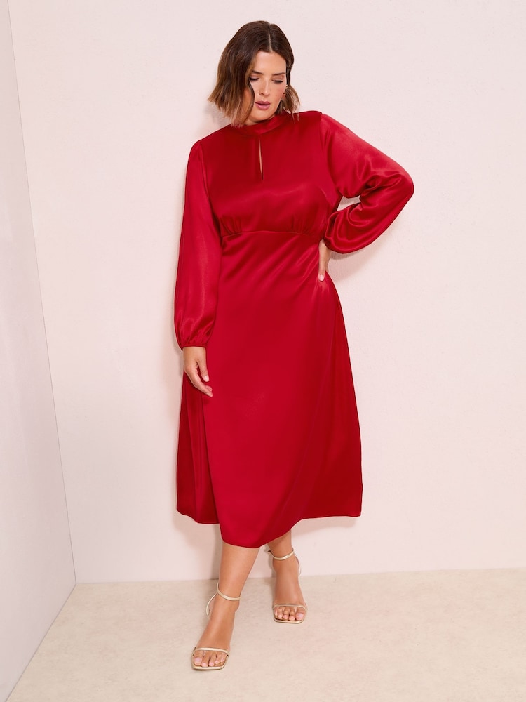 Friends Like These Red Curve Satin Long Puff Sleeve High Neck Midi Dress - Image 1 of 4
