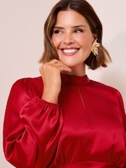 Friends Like These Red Curve Satin Long Puff Sleeve High Neck Midi Dress - Image 2 of 4
