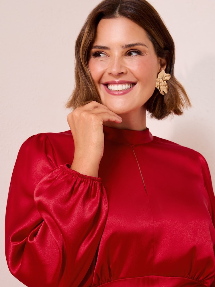 Friends Like These X Lucy Mecklenburgh Red Curve Satin Long Puff Sleeve High Neck Midi Dress - Image 2 of 4 Friends Like These X Lucy Mecklenburgh Red Curve Satin Long Puff Sleeve High Neck Midi Dress - Image 2 of 4