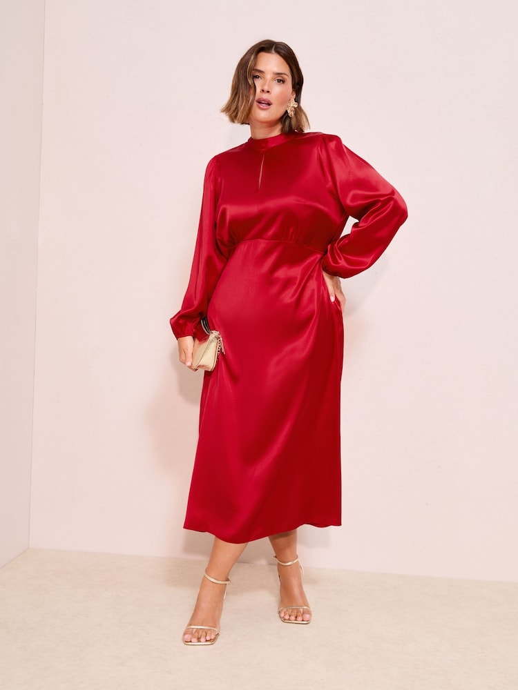 lucy mecklenburgh red dress Buy Friends Like These X Lucy Mecklenburgh Red Curve Satin Long Puff Sleeve  High Neck Midi Dress from Next USA