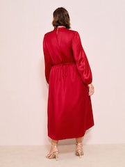 Friends Like These Red Curve Satin Long Puff Sleeve High Neck Midi Dress - Image 4 of 4