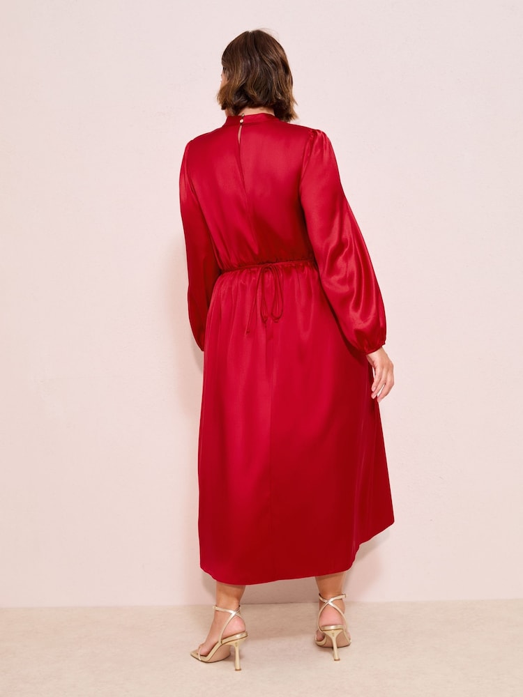Friends Like These Red Curve Satin Long Puff Sleeve High Neck Midi Dress - Image 4 of 4
