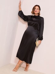 Friends Like These Black Curve Satin Long Puff Sleeve High Neck Midi Dress - Image 1 of 4