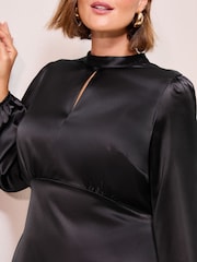 Friends Like These Black Curve Satin Long Puff Sleeve High Neck Midi Dress - Image 2 of 4