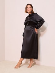 Friends Like These Black Curve Satin Long Puff Sleeve High Neck Midi Dress - Image 3 of 4